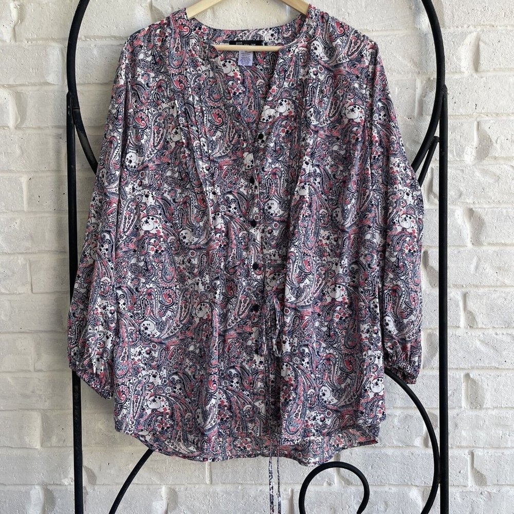 Womens‎ Blouse Size 0X Paisley Floral Pink And Navy Vneck 3/4 Sleeve drawstring